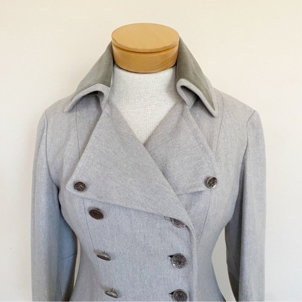 Vintage 1960s Wool Military Coat Gray Velvet Collar Frock Peacoat Women’s S 4 - Picture 2 of 14